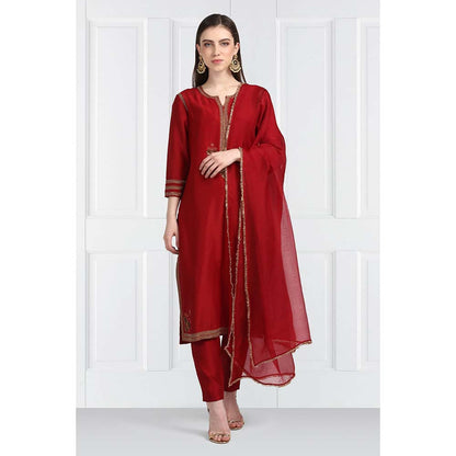 Label Earthen Women Maroon Embroidered Kurta with Pant & Dupatta (Set of 3)