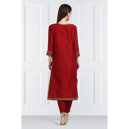 Label Earthen Women Maroon Embroidered Kurta with Pant & Dupatta (Set of 3)