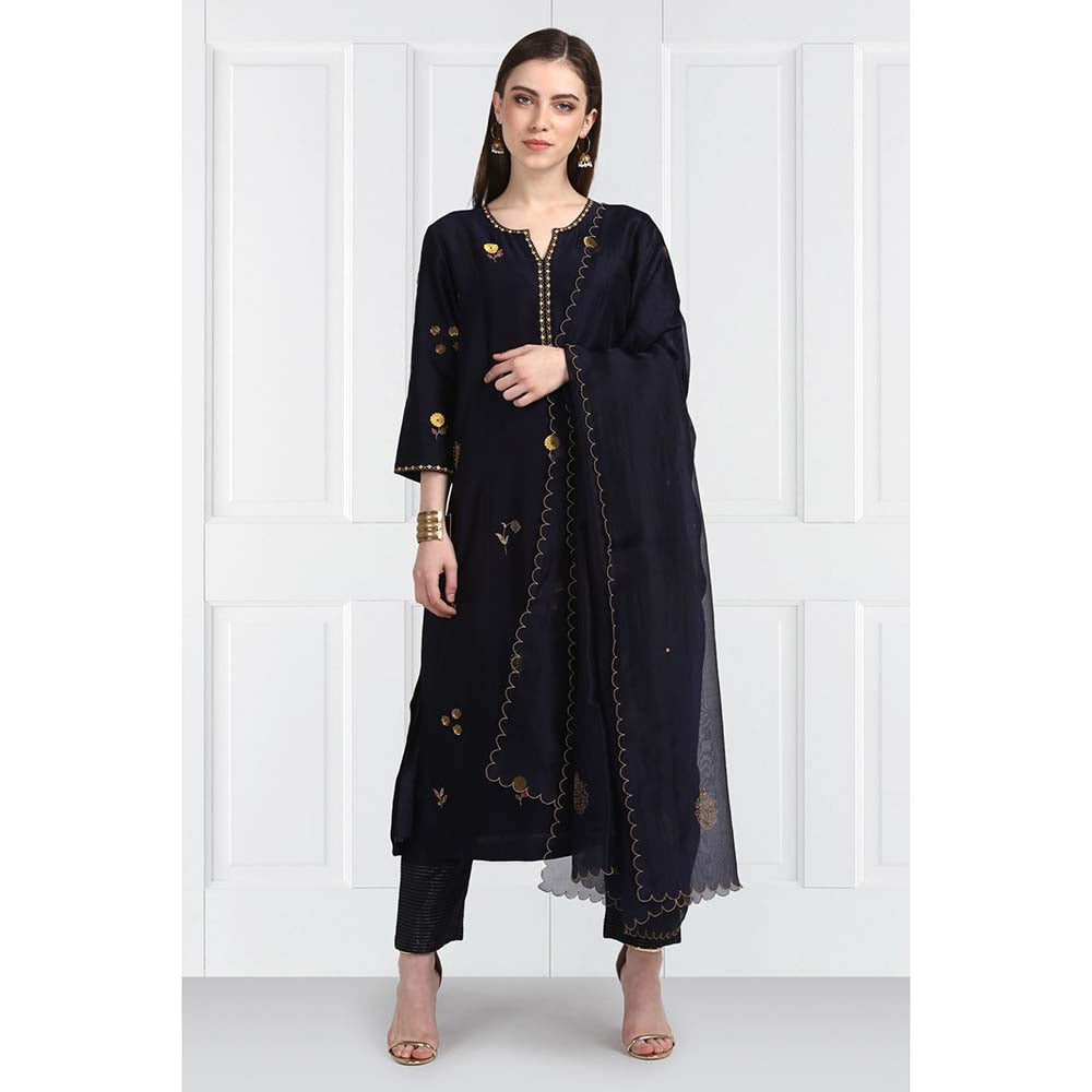 Label Earthen Women Navy Blue Embroidered Kurta with Pant & Dupatta (Set of 3)