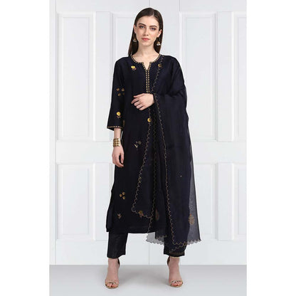 Label Earthen Women Navy Blue Embroidered Kurta with Pant & Dupatta (Set of 3)