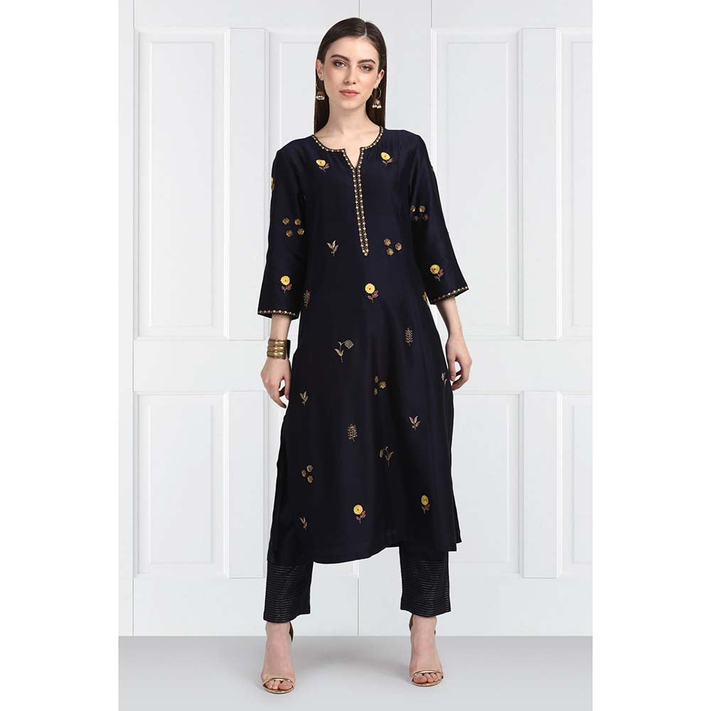 Label Earthen Women Navy Blue Embroidered Kurta with Pant & Dupatta (Set of 3)