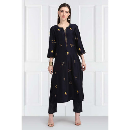 Label Earthen Women Navy Blue Embroidered Kurta with Pant & Dupatta (Set of 3)
