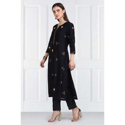 Label Earthen Women Navy Blue Embroidered Kurta with Pant & Dupatta (Set of 3)