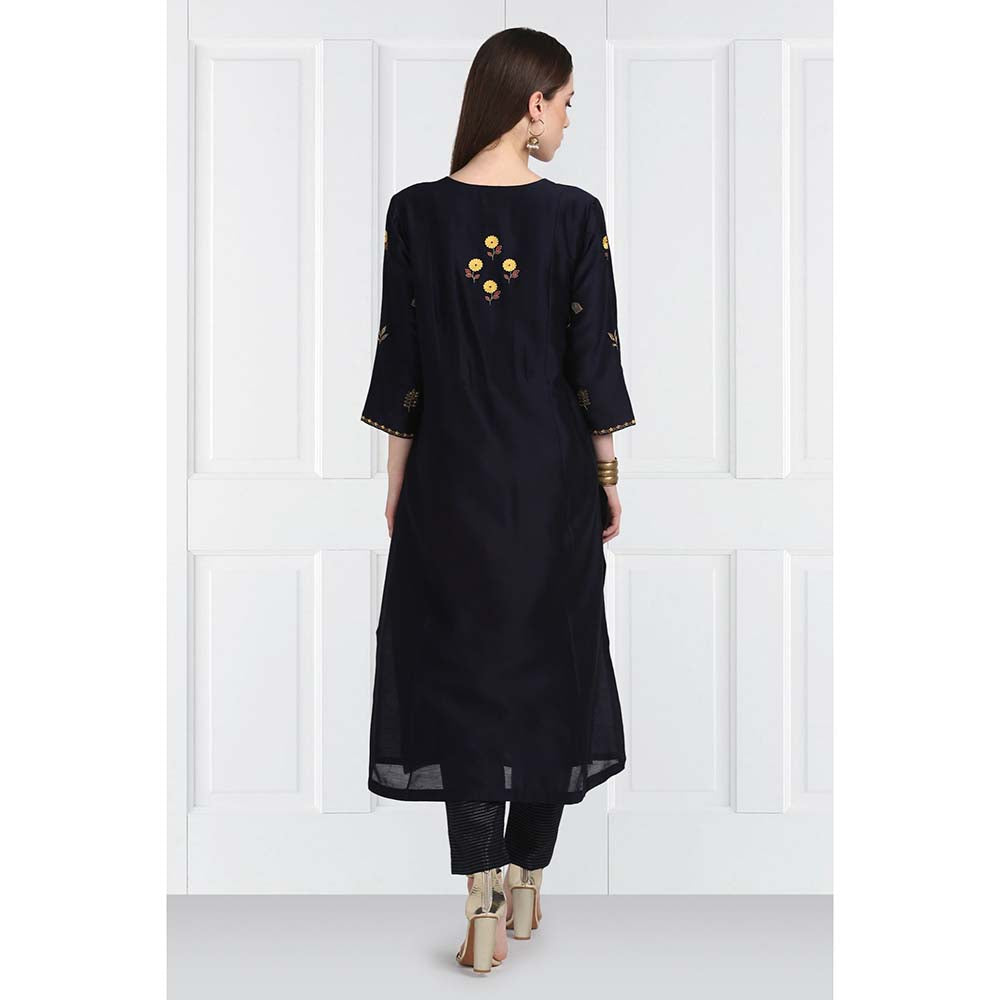 Label Earthen Women Navy Blue Embroidered Kurta with Pant & Dupatta (Set of 3)