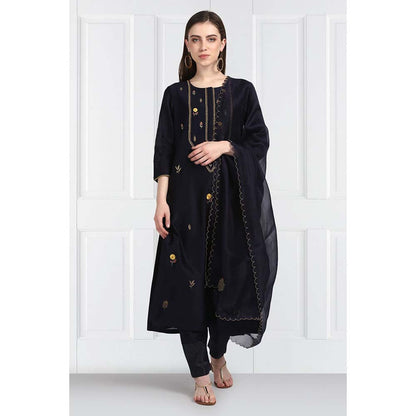 Label Earthen Women Navy Blue Embroidered Kurta with Pant & Dupatta (Set of 3)