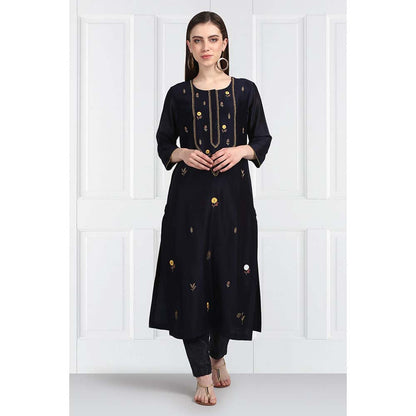 Label Earthen Women Navy Blue Embroidered Kurta with Pant & Dupatta (Set of 3)