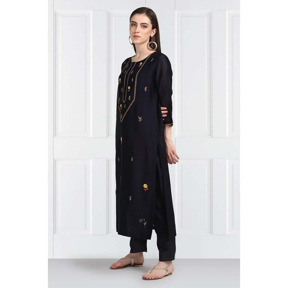 Label Earthen Women Navy Blue Embroidered Kurta with Pant & Dupatta (Set of 3)