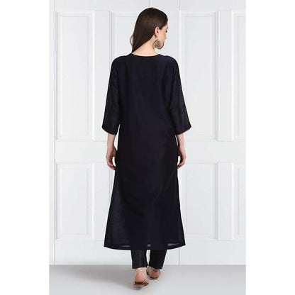 Label Earthen Women Navy Blue Embroidered Kurta with Pant & Dupatta (Set of 3)