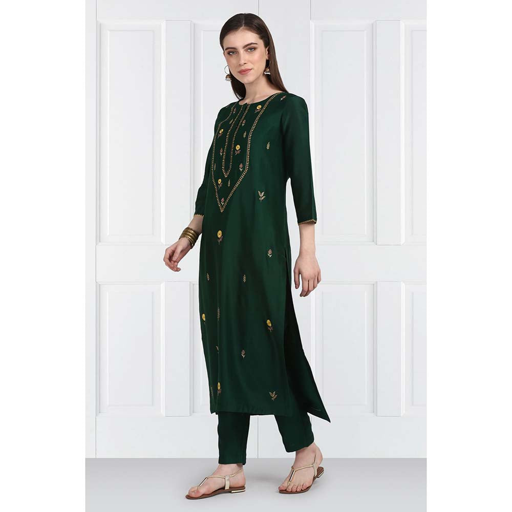 Label Earthen Women Green Embroidered Kurta with Pant & Dupatta (Set of 3)