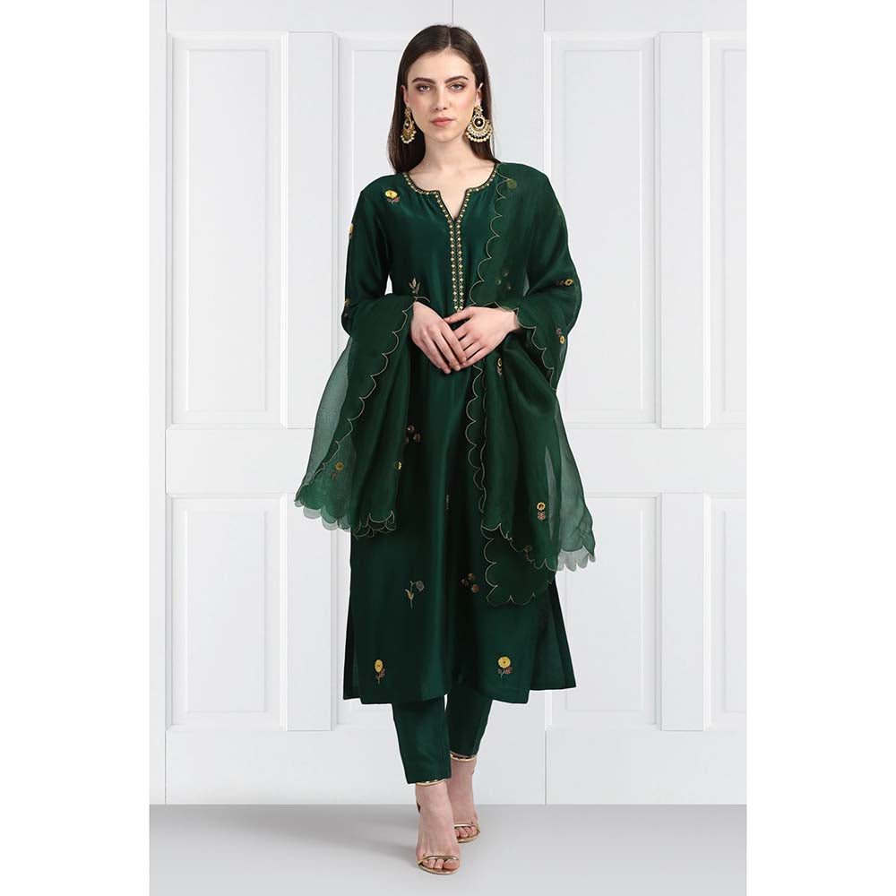 Label Earthen Women Green Embroidered Kurta with Pant & Dupatta (Set of 3)