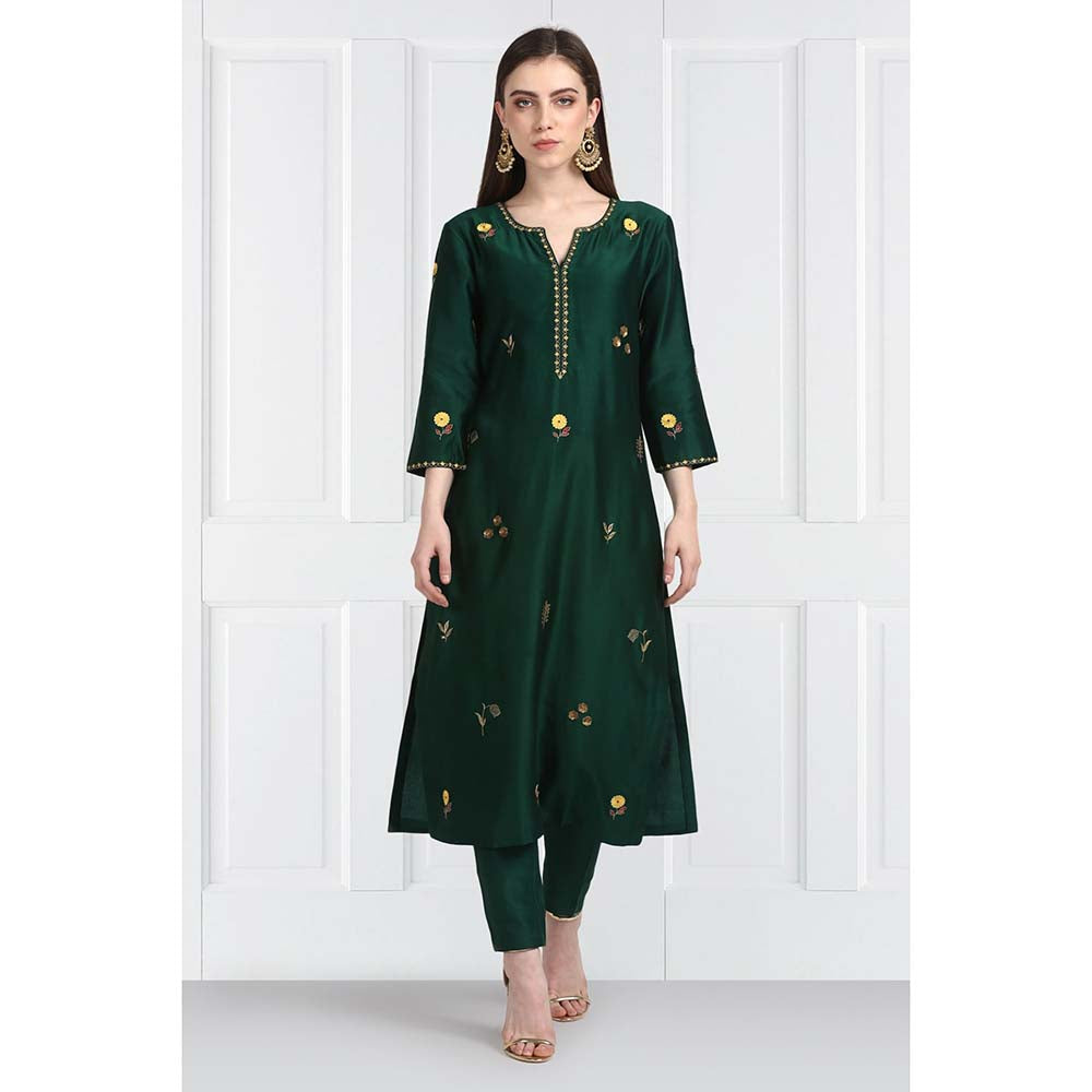 Label Earthen Women Green Embroidered Kurta with Pant & Dupatta (Set of 3)