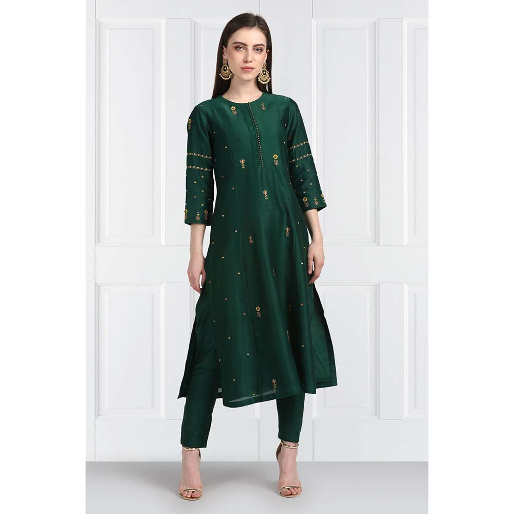 Label Earthen Women Green Embroidered Kurta with Pant & Dupatta (Set of 3)