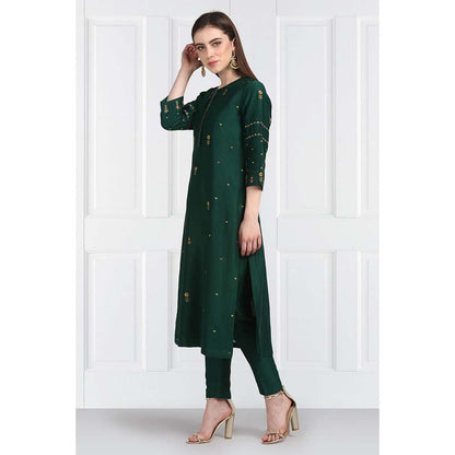 Label Earthen Women Green Embroidered Kurta with Pant & Dupatta (Set of 3)