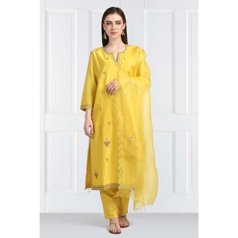 Label Earthen Women Yellow Embroidered Kurta with Pant & Dupatta (Set of 3)