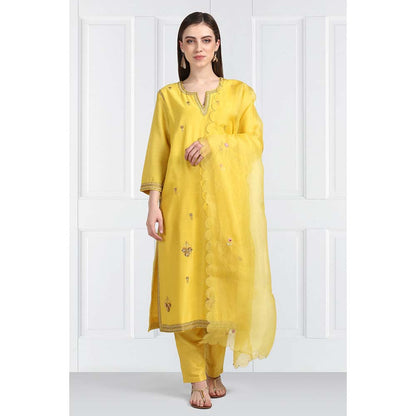 Label Earthen Women Yellow Embroidered Kurta with Pant & Dupatta (Set of 3)