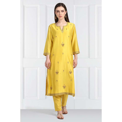 Label Earthen Women Yellow Embroidered Kurta with Pant & Dupatta (Set of 3)
