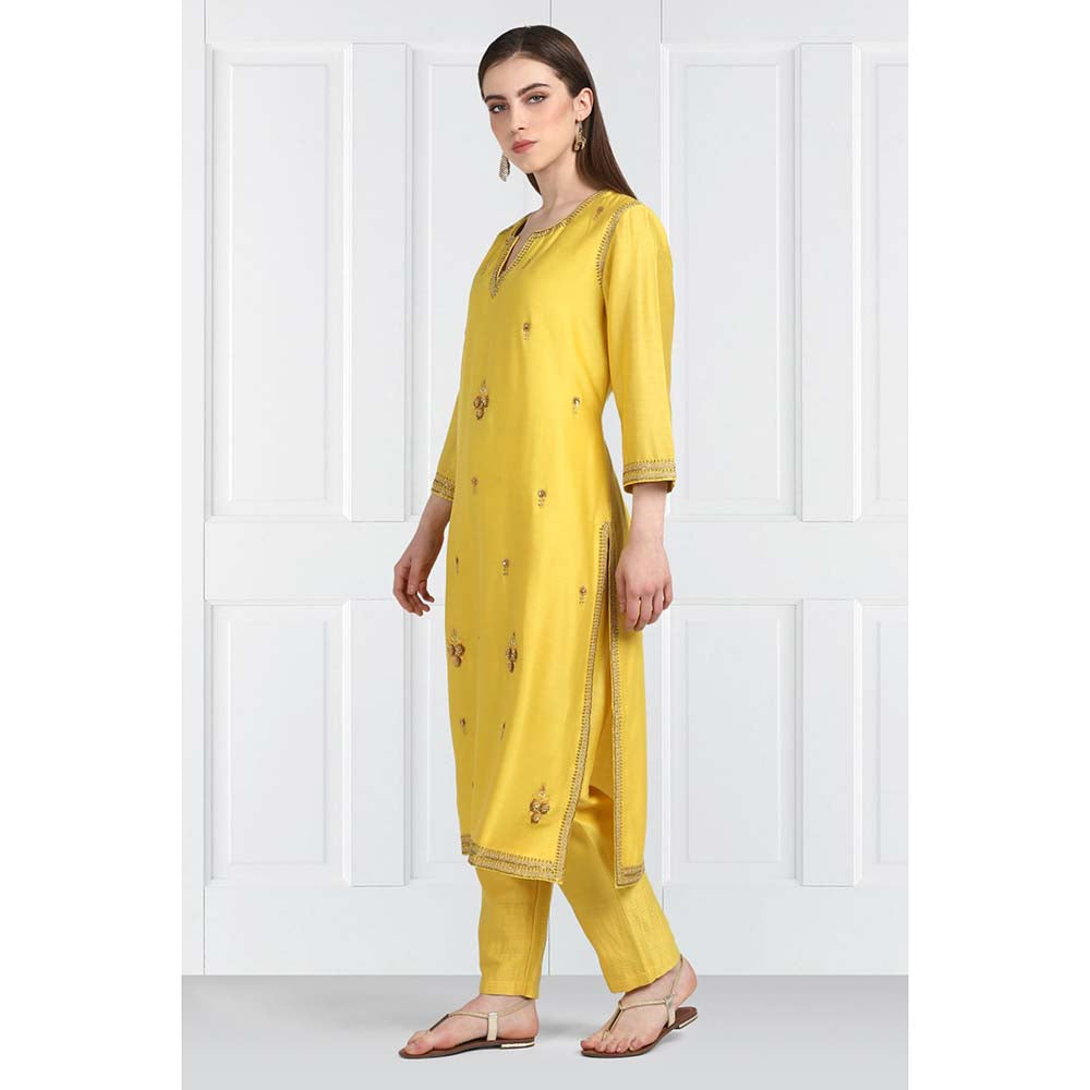 Label Earthen Women Yellow Embroidered Kurta with Pant & Dupatta (Set of 3)
