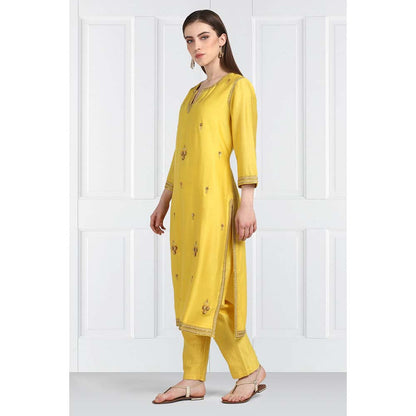 Label Earthen Women Yellow Embroidered Kurta with Pant & Dupatta (Set of 3)