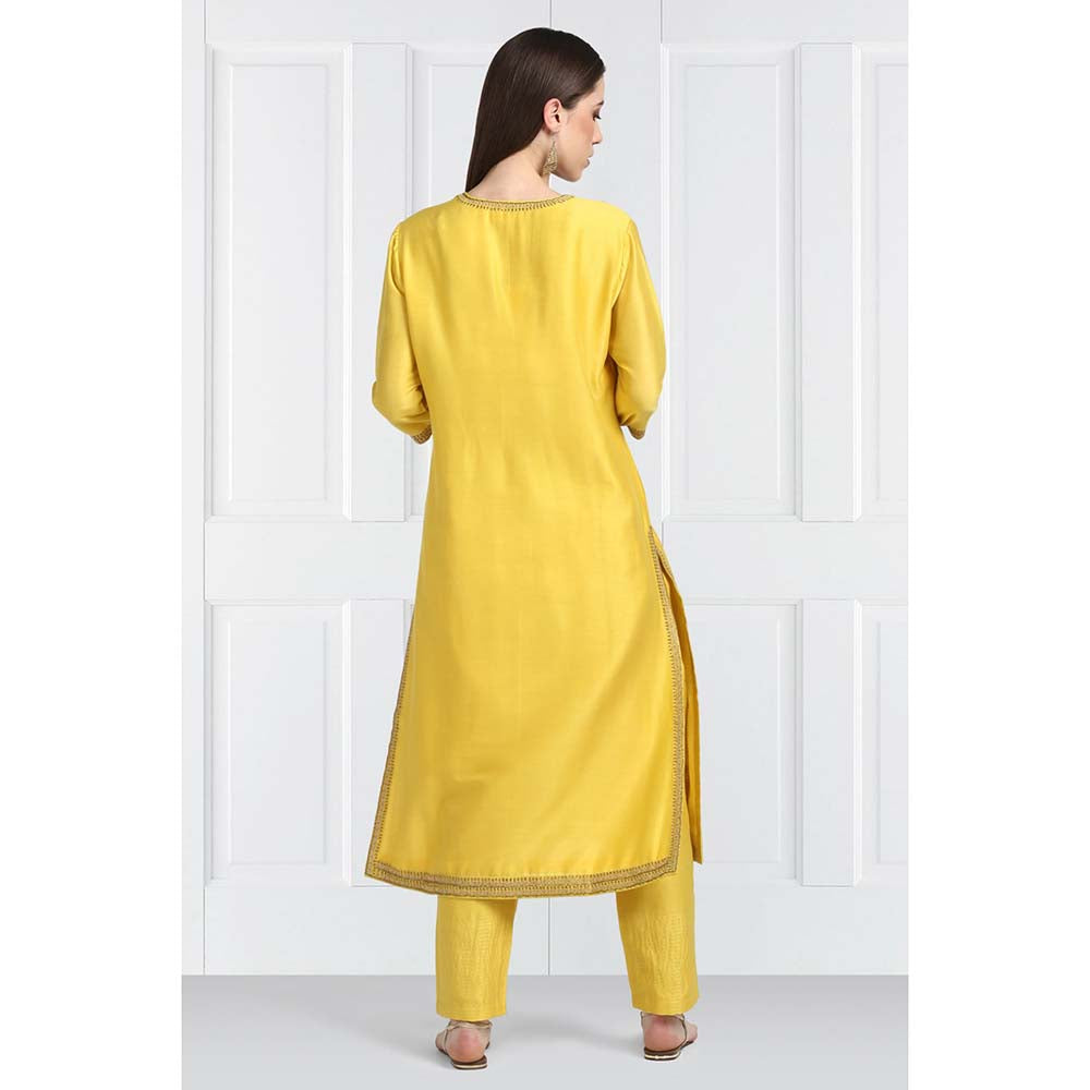 Label Earthen Women Yellow Embroidered Kurta with Pant & Dupatta (Set of 3)