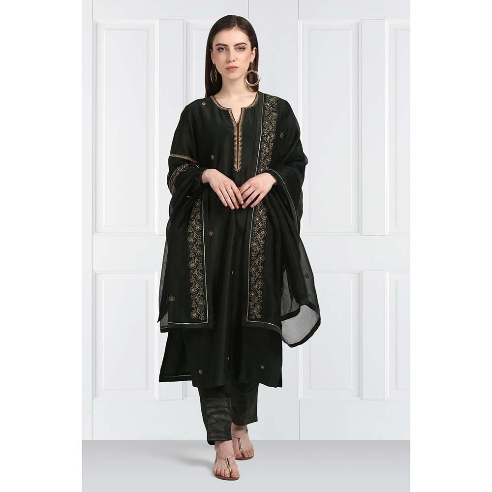 Label Earthen Women Black Embroidered Kurta with Pant & Dupatta (Set of 3)