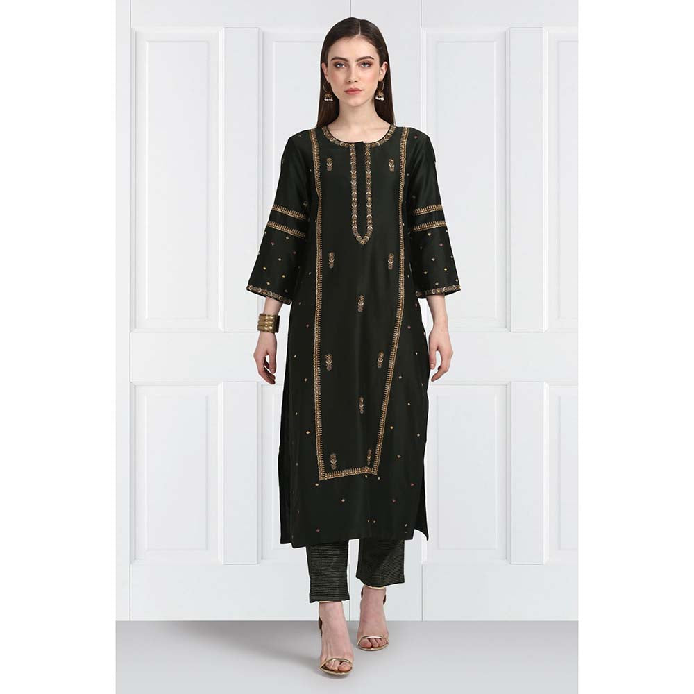 Label Earthen Women Black Embroidered Kurta with Pant & Dupatta (Set of 3)