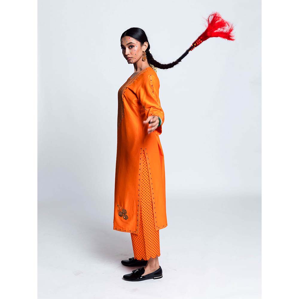 Label Earthen Women Orange Embroidered Kurta with Pant & Dupatta (Set of 3)