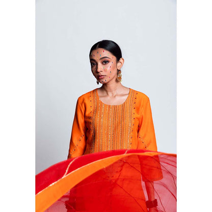 Label Earthen Women Orange Embroidered Kurta with Pant & Dupatta (Set of 3)
