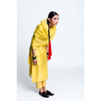 Label Earthen Women Yellow Embroidered Kurta with Pant & Dupatta (Set of 3)