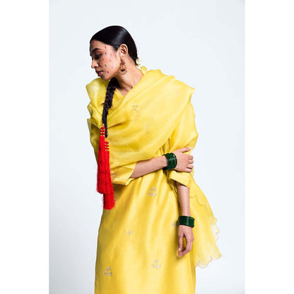 Label Earthen Women Yellow Embroidered Kurta with Pant & Dupatta (Set of 3)