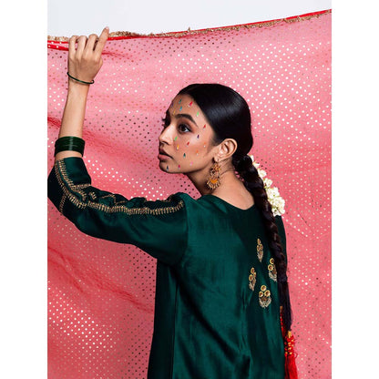 Label Earthen Women Green Embroidered Kurta with Pant & Dupatta (Set of 3)