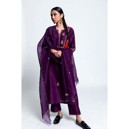 Label Earthen Women Purple Embroidered Kurta with Pant & Dupatta (Set of 3)