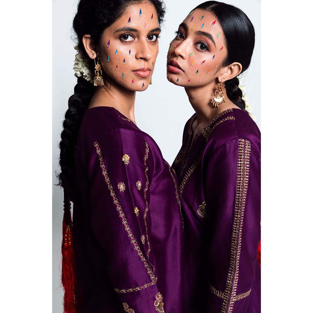 Label Earthen Women Purple Embroidered Kurta with Pant & Dupatta (Set of 3)