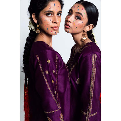 Label Earthen Women Purple Embroidered Kurta with Pant & Dupatta (Set of 3)