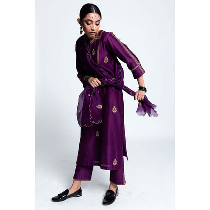 Label Earthen Women Purple Embroidered Kurta with Pant & Dupatta (Set of 3)