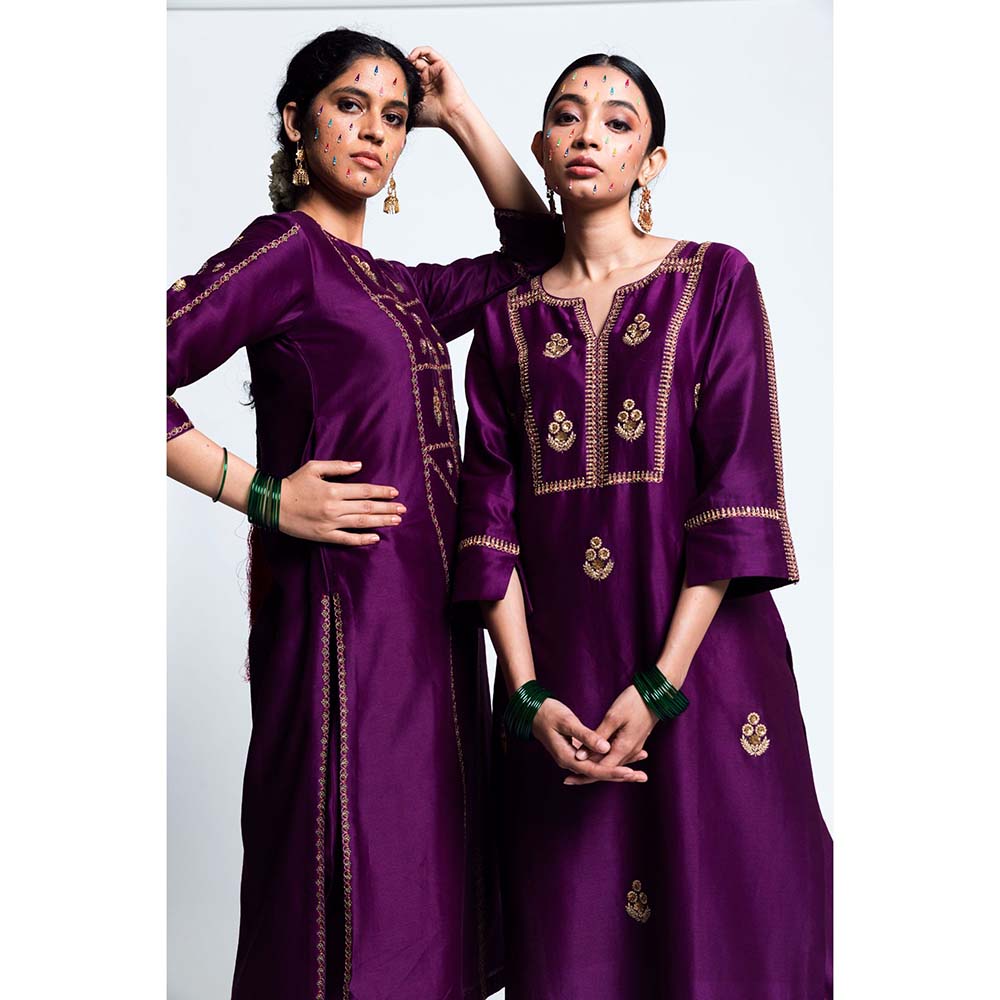Label Earthen Women Purple Embroidered Kurta with Pant & Dupatta (Set of 3)
