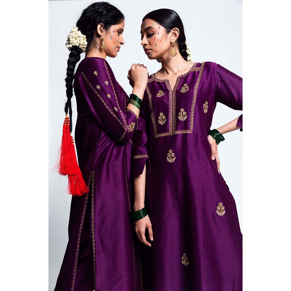 Label Earthen Women Purple Embroidered Kurta with Pant & Dupatta (Set of 3)