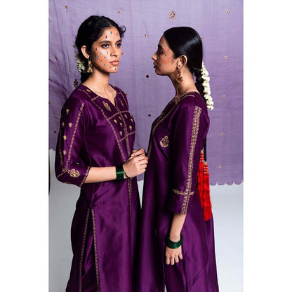 Label Earthen Women Purple Embroidered Kurta with Pant & Dupatta (Set of 3)