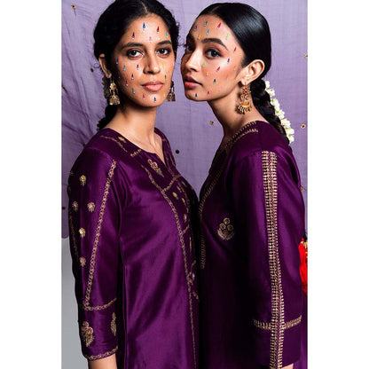 Label Earthen Women Purple Embroidered Kurta with Pant & Dupatta (Set of 3)