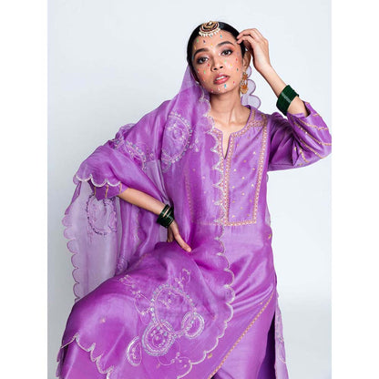 Label Earthen Women Lavender Embroidered Kurta with Pant & Dupatta (Set of 3)