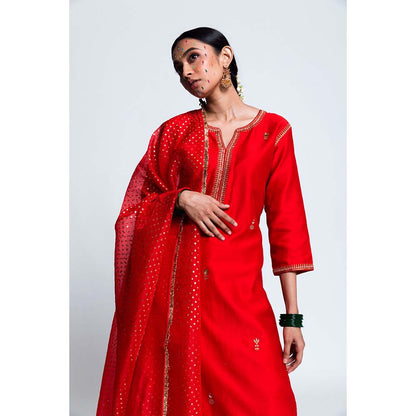 Label Earthen Women Red Embroidered Kurta with Pant & Dupatta (Set of 3)