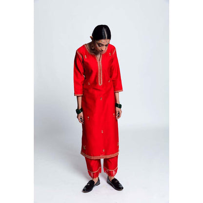Label Earthen Women Red Embroidered Kurta with Pant & Dupatta (Set of 3)