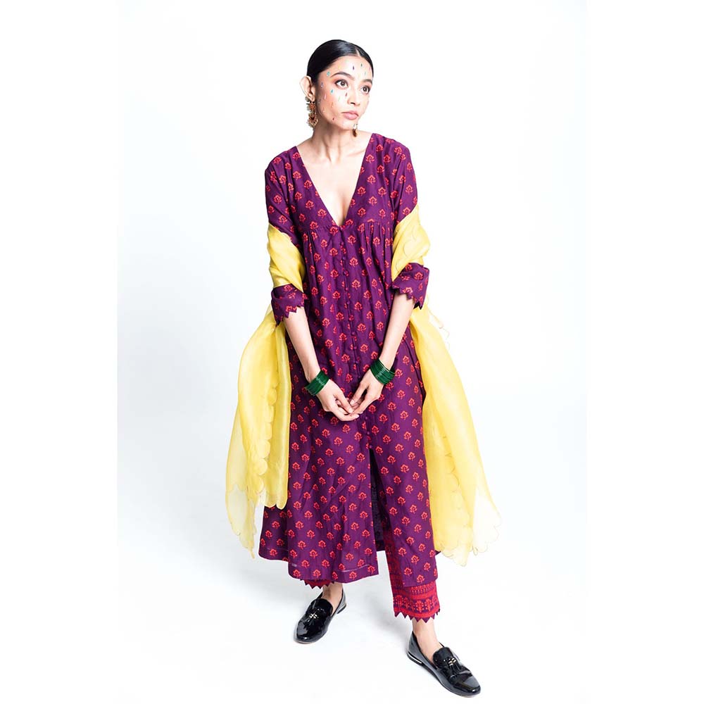 Label Earthen Women Purple Floral Kurta with Pant & Dupatta (Set of 3)