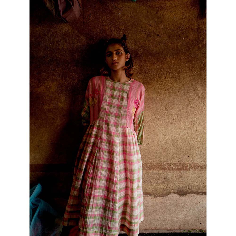 Label Earthen Women Pink Checks Maxi Dress