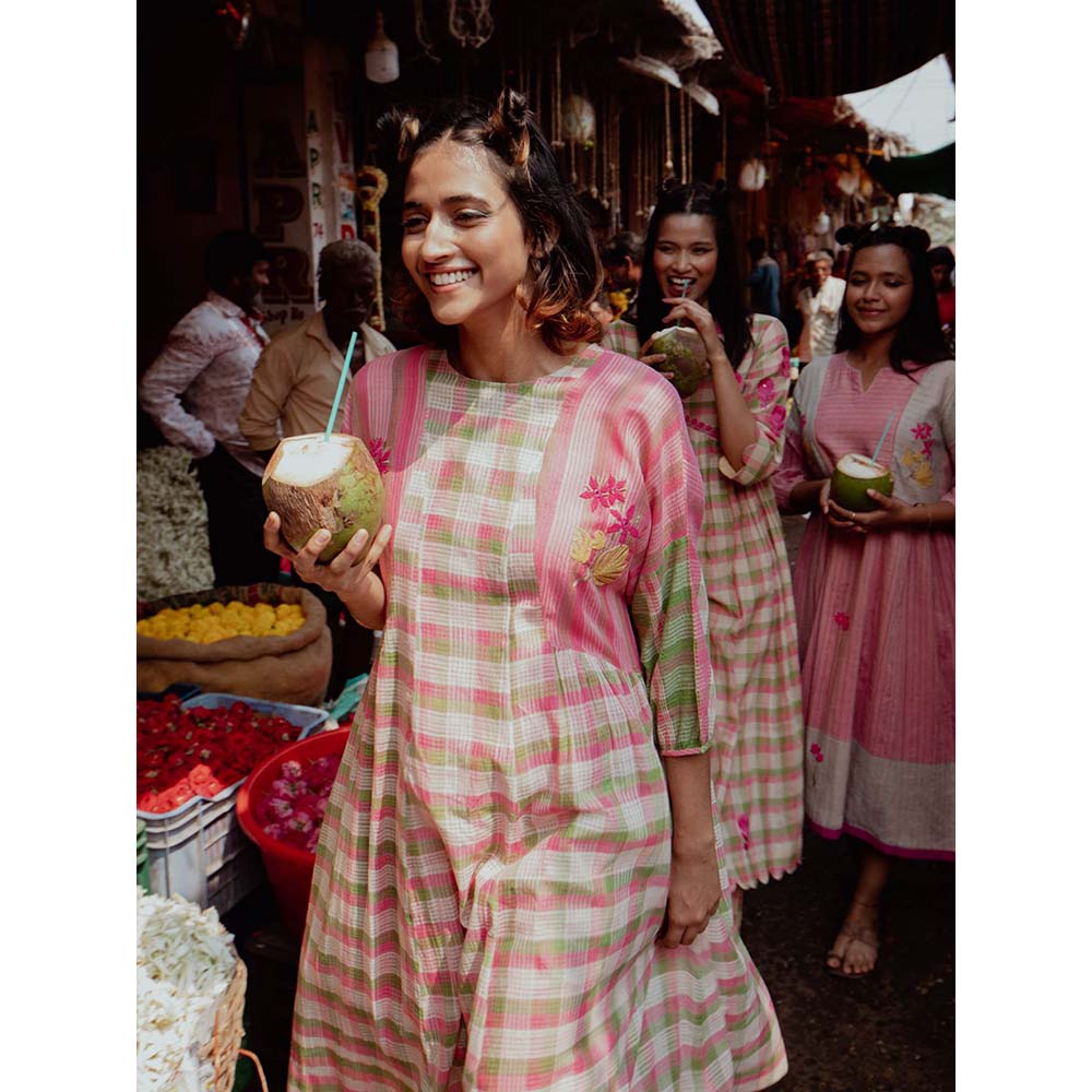 Label Earthen Women Pink Checks Maxi Dress