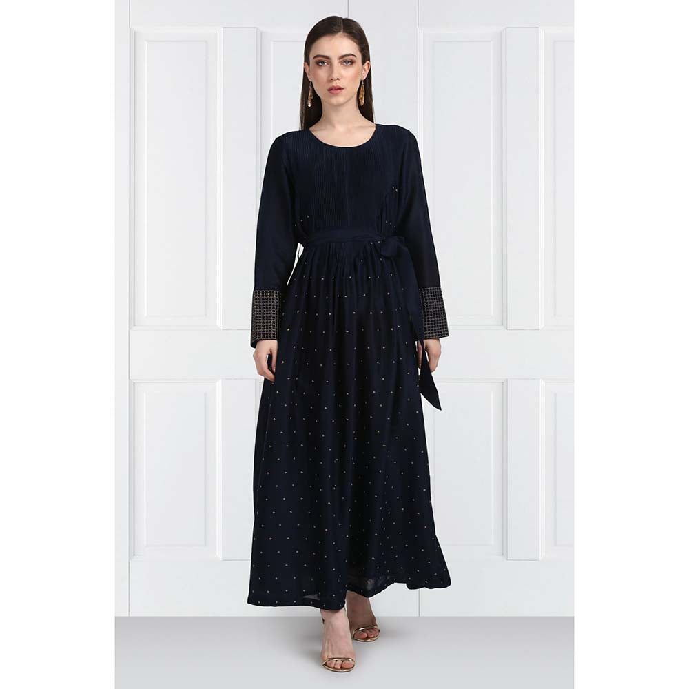 Label Earthen Women Navy Blue Pleated Maxi Dress with Belt (Set of 2)