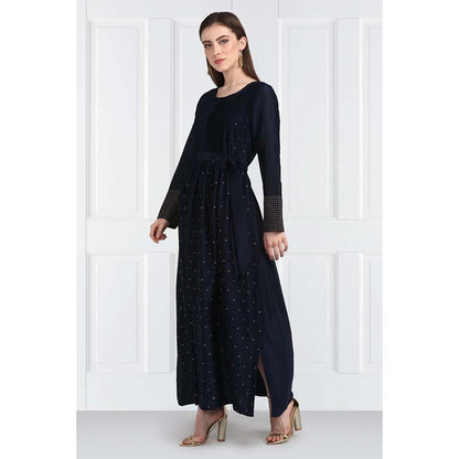 Label Earthen Women Navy Blue Pleated Maxi Dress with Belt (Set of 2)