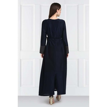 Label Earthen Women Navy Blue Pleated Maxi Dress with Belt (Set of 2)