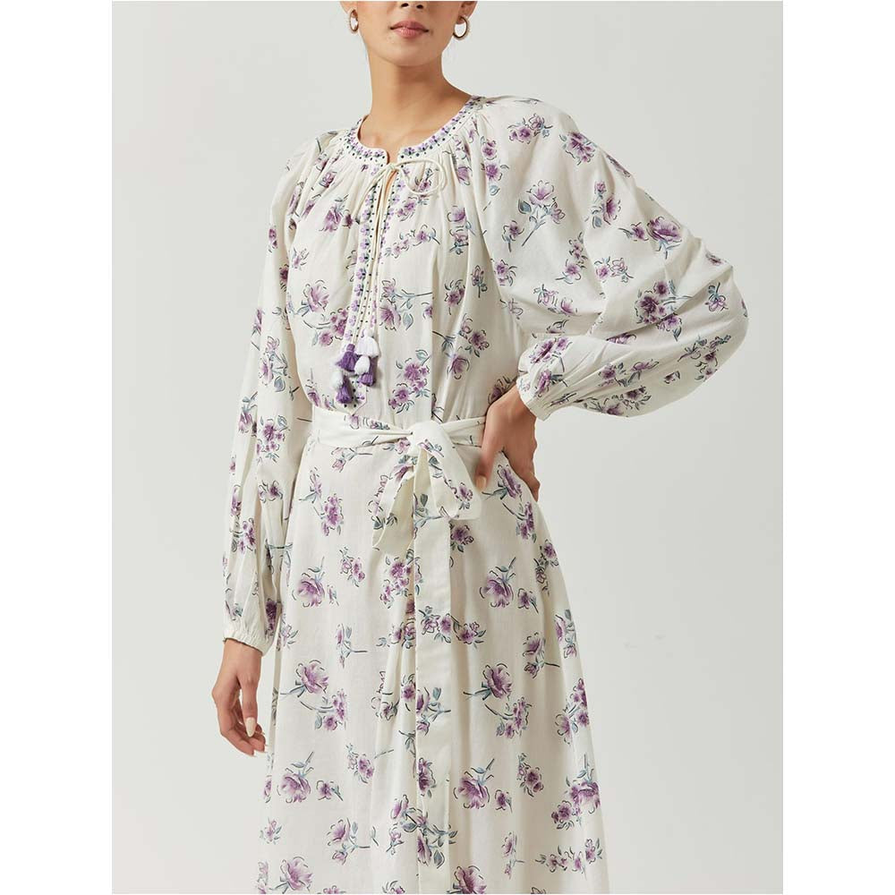Label Earthen Women White Floral Midi Dress with Belt (Set of 2)
