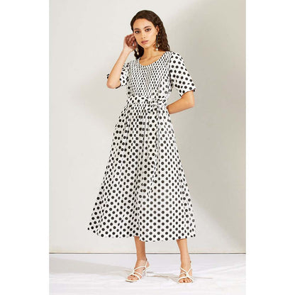 Label Earthen Women Black Polka Dots Midi Dress with Belt (Set of 2)