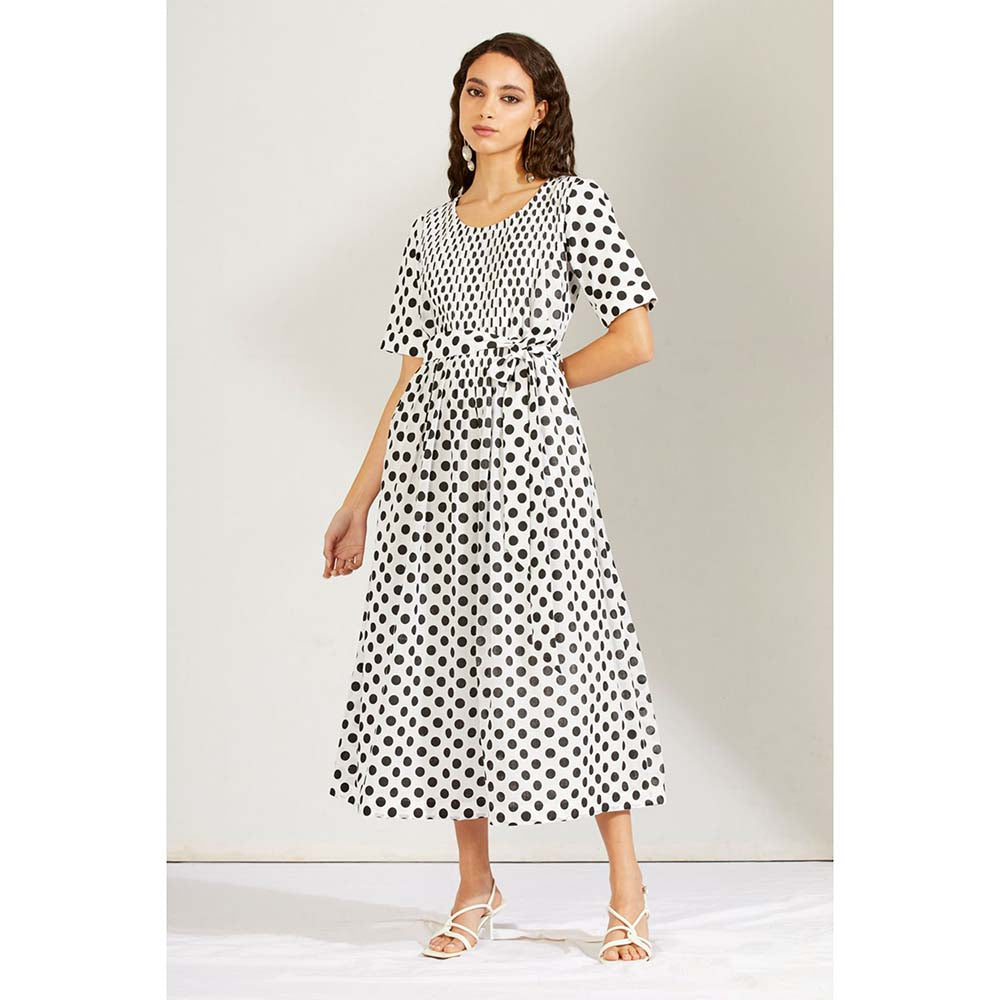 Label Earthen Women Black Polka Dots Midi Dress with Belt (Set of 2)